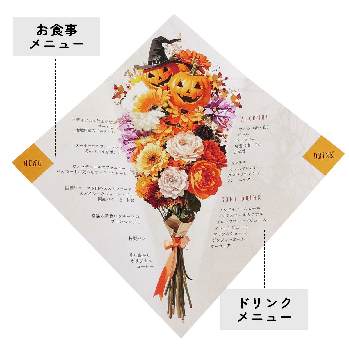 お食事メニューとドリンクメニュー入りの席札メニュー表