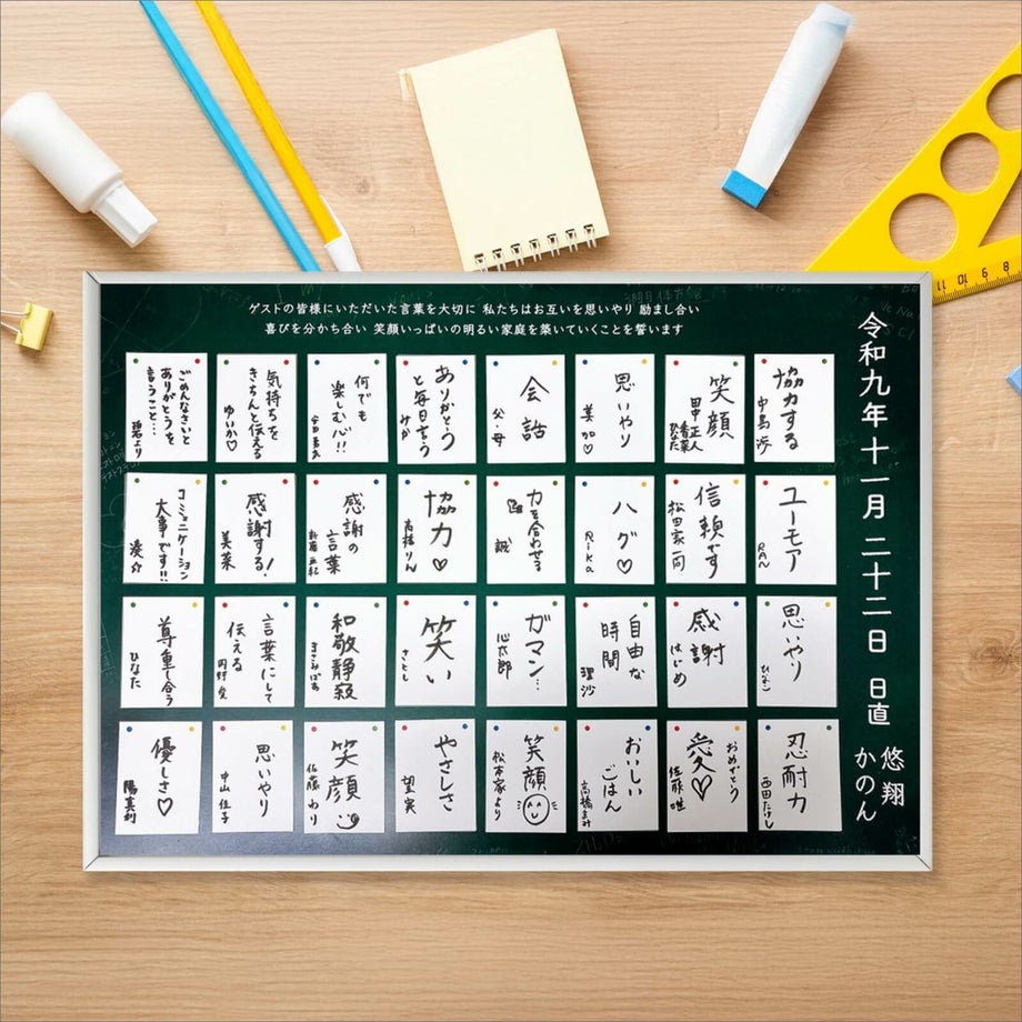 ほんのり残るチョークの跡まで表現黒板のような風合いを再現したデザインシート(紙)の結婚証明書