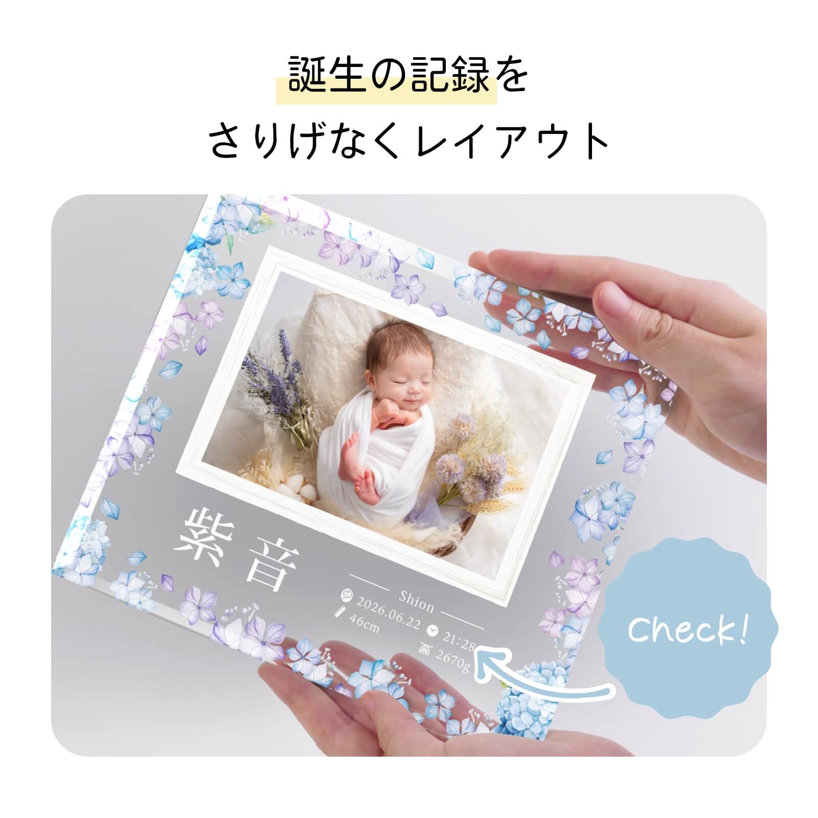 誕生の記録を さりげなくレイアウトしたデザイン