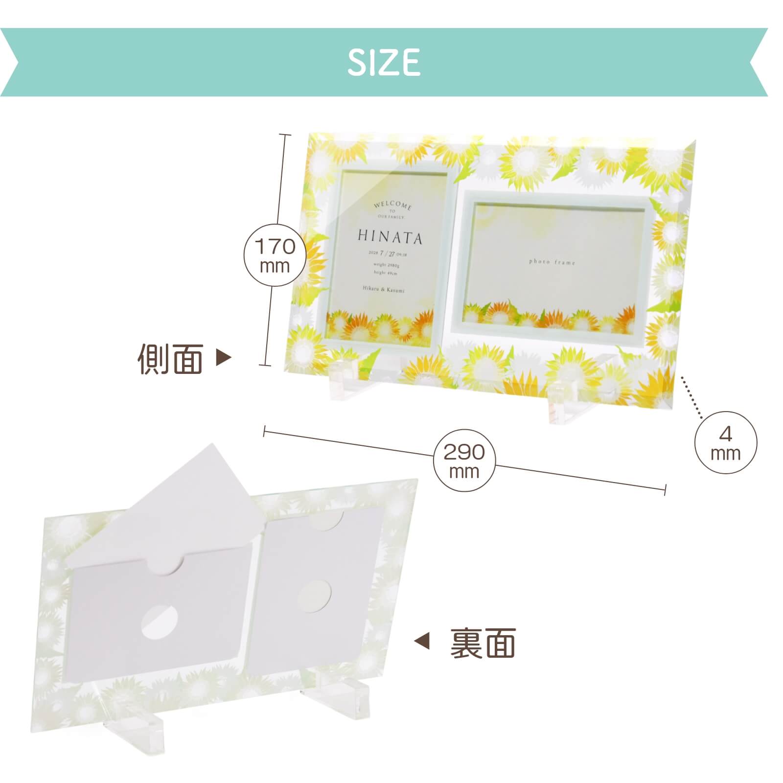 命名書フォトフレームのサイズ・側面裏面詳細