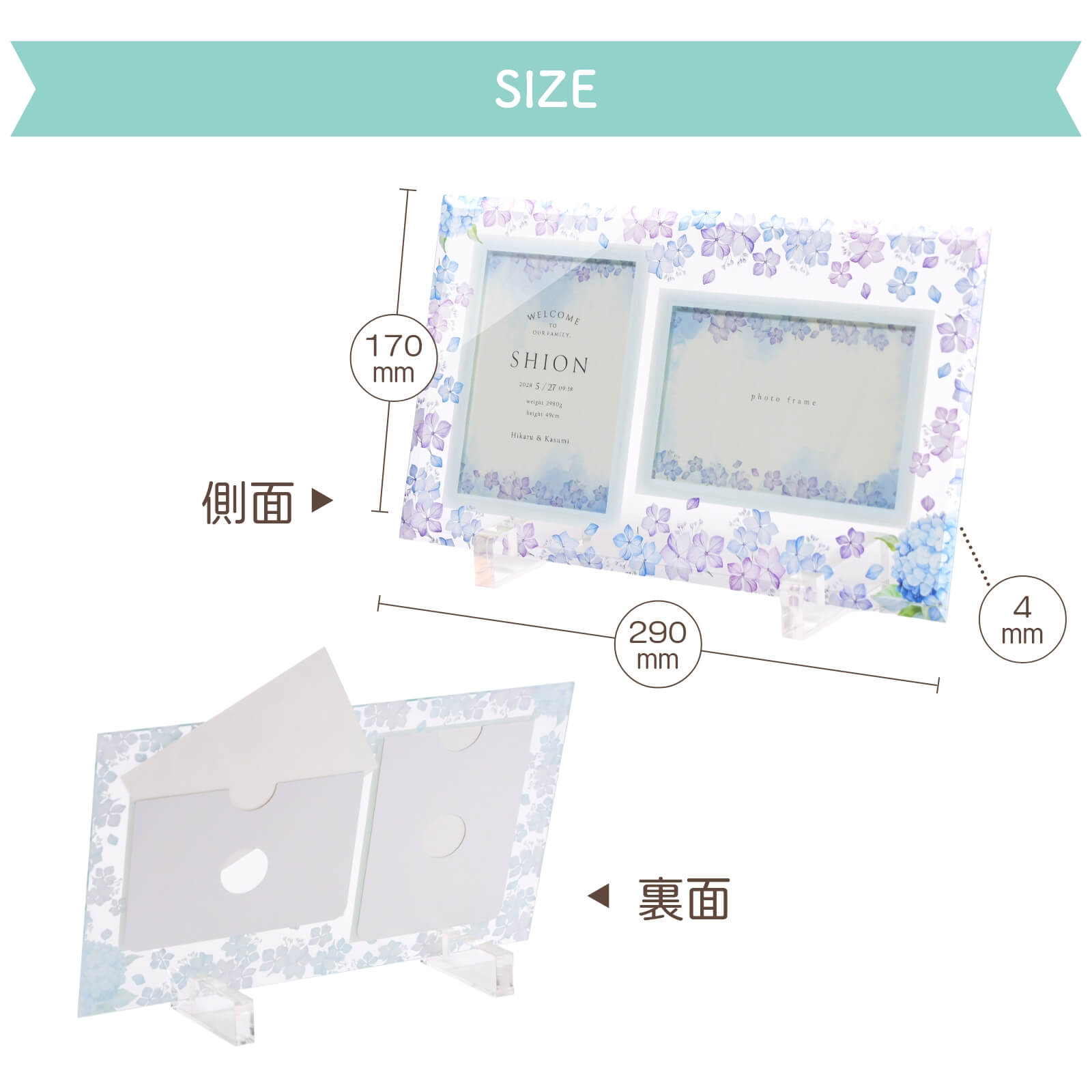 命名書フォトフレームのサイズ・側面裏面詳細