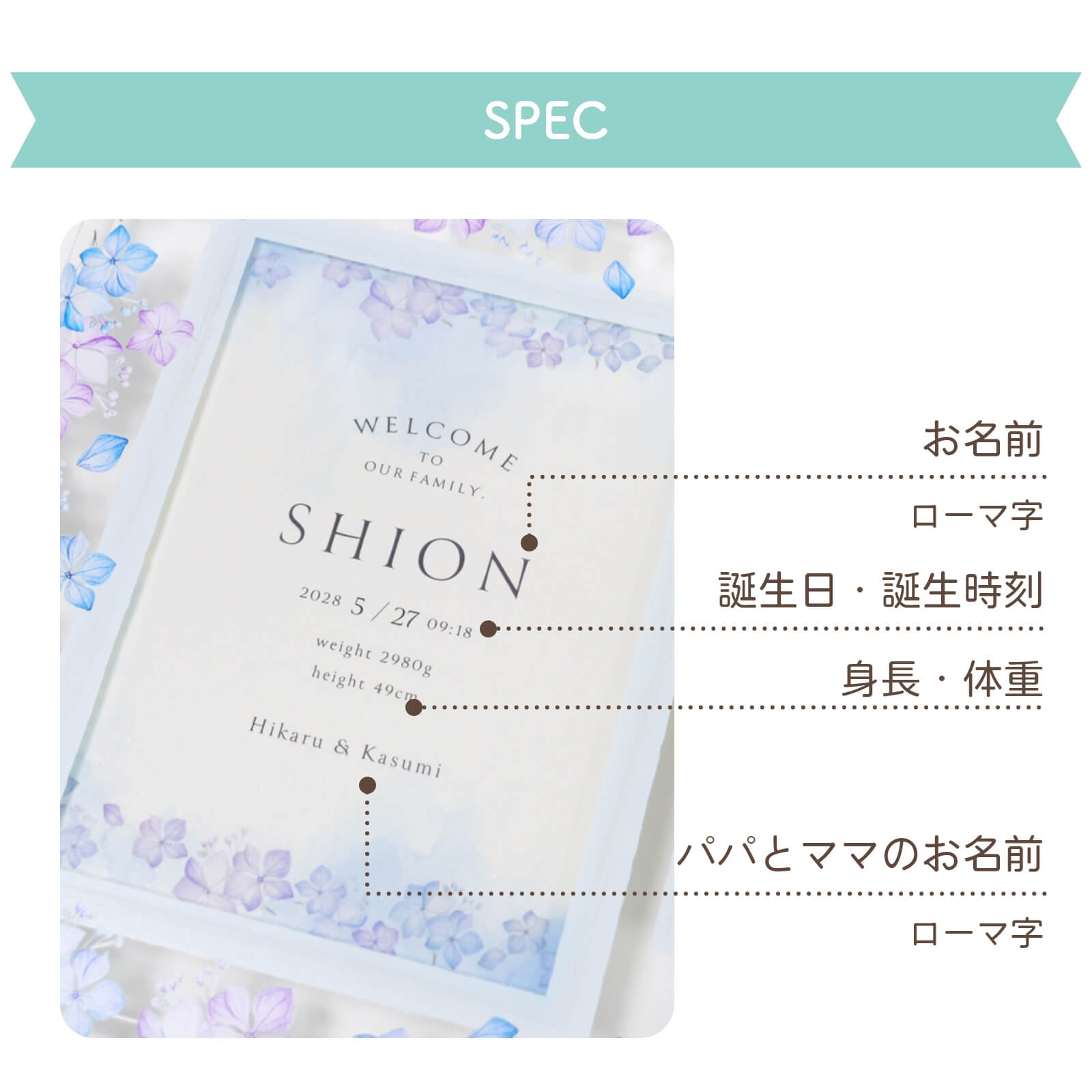 誕生の喜びを記す名入れ項目
