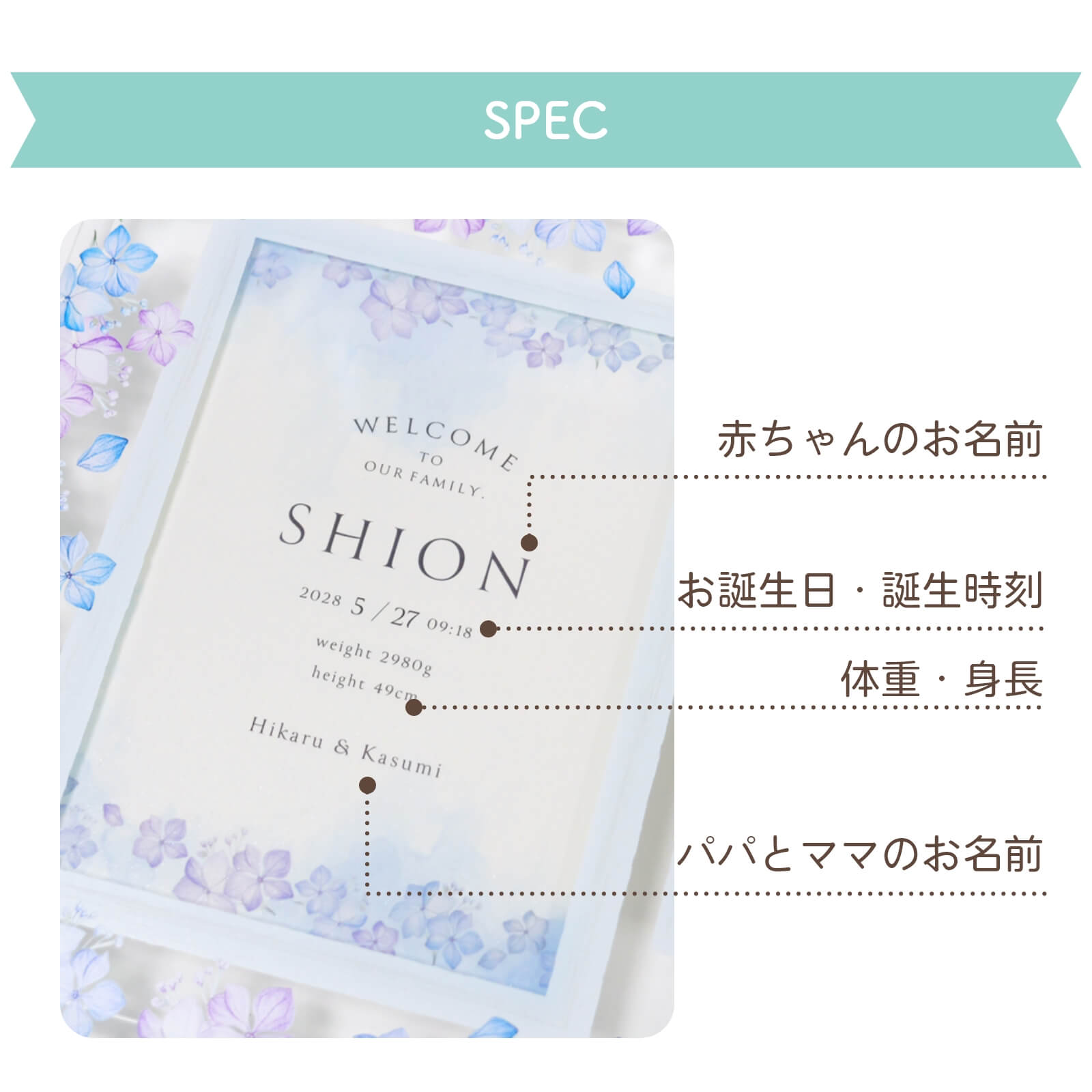 誕生の喜びを記す名入れ項目
