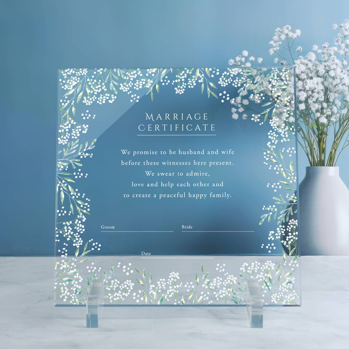 アクリルに上品で清楚なかすみ草をあしらった結婚証明書