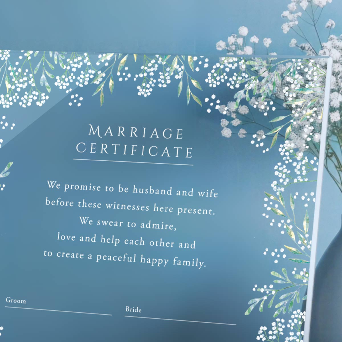アクリルに白文字でUV印刷された結婚証明書の誓いの言葉