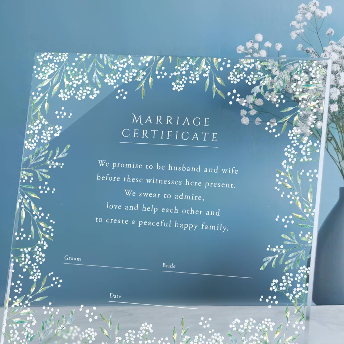 軽量で持ち運びしやすいアクリル結婚証明書