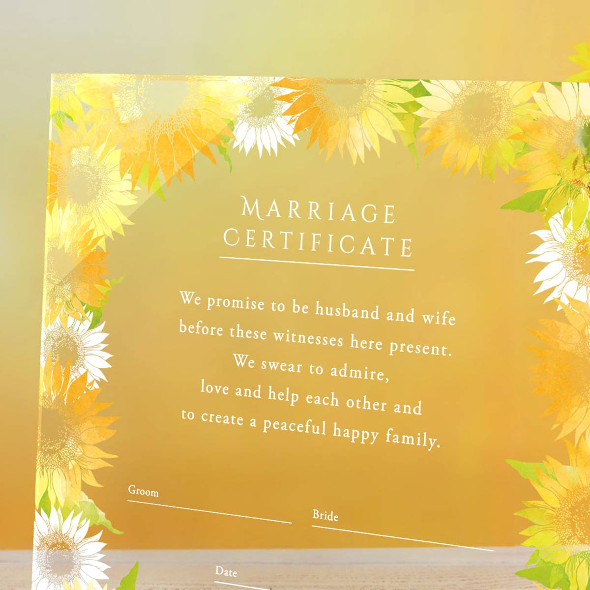 アクリルに白文字でUV印刷された結婚証明書の誓いの言葉