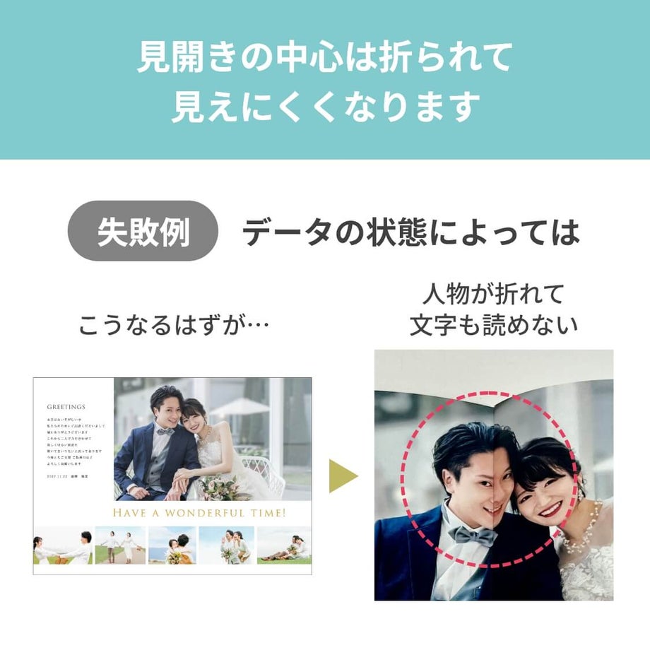 見開きの中心は折られて見えにくくなります