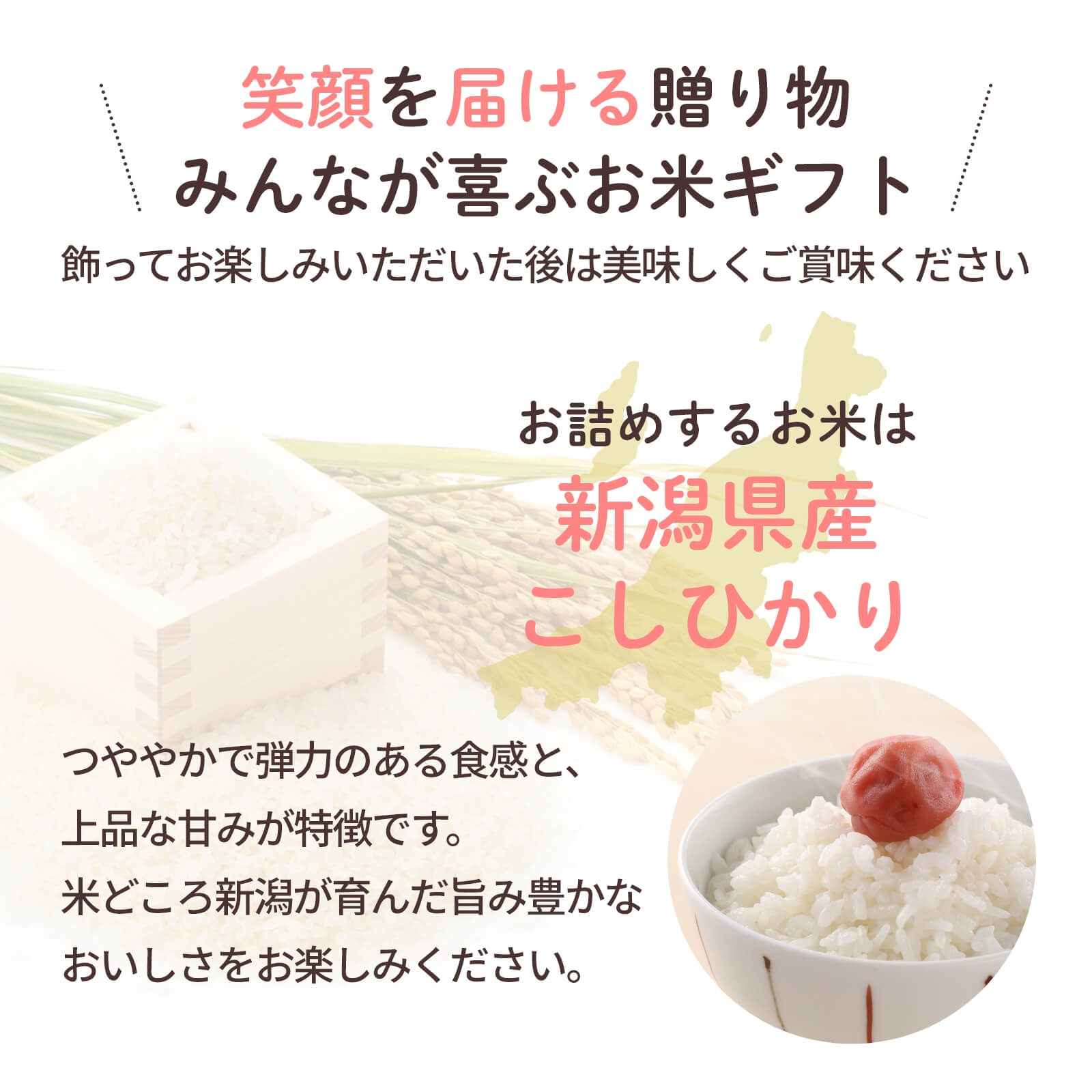 笑顔を届ける贈り物 みんなが喜ぶお米ギフトお詰めするお米新潟県産 こしひかり