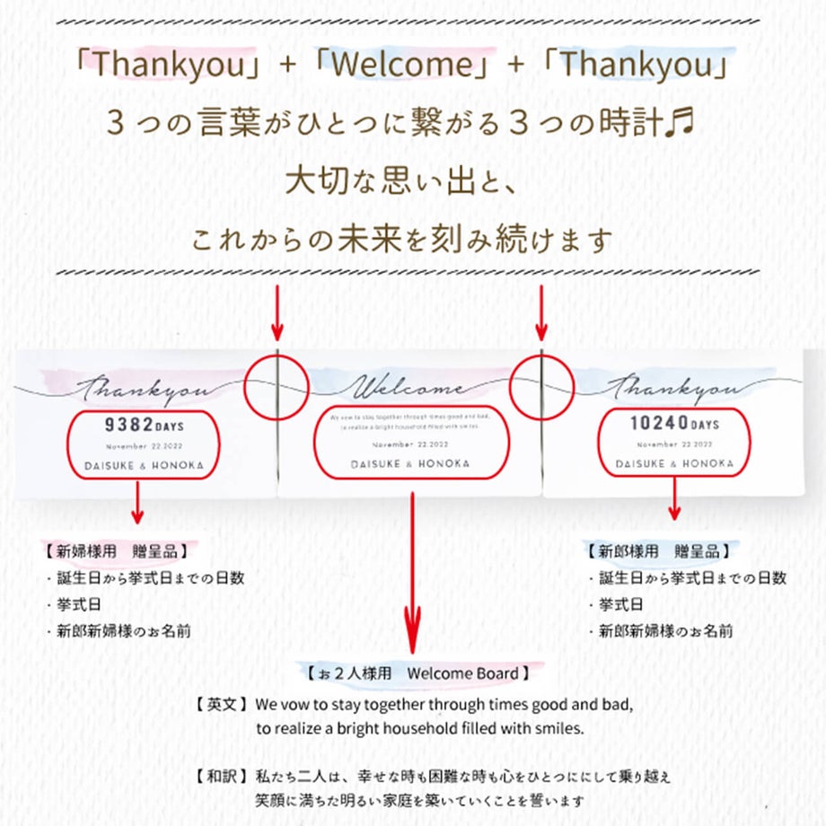 3つの言葉がひとつに繋がる3つの時計は、大切な思い出と、これからの未来を刻み続けます