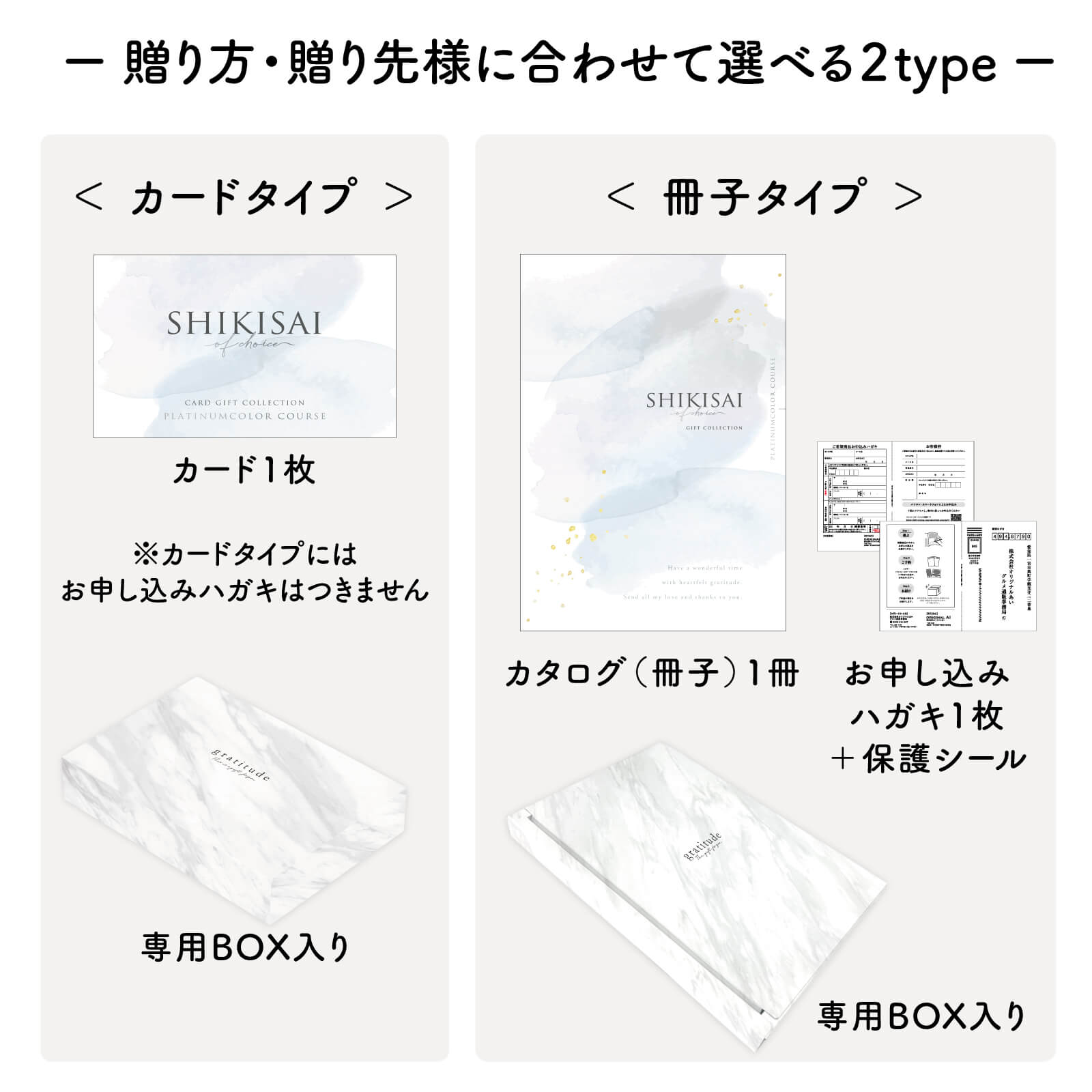 用途にあわせて選べるカードタイプとカタログ冊子タイプのパッケージ