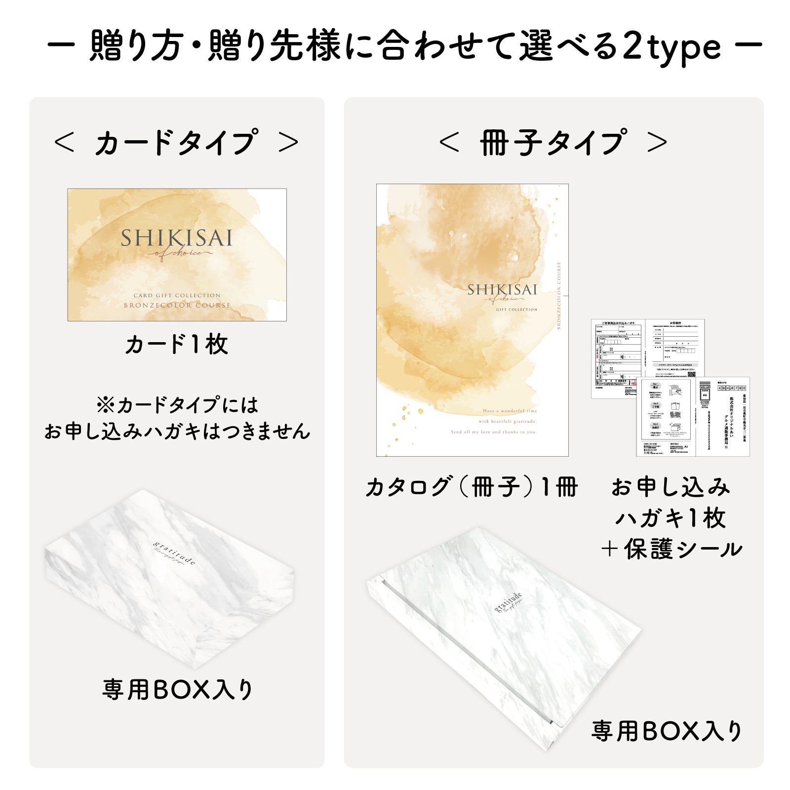 用途にあわせて選べるカードタイプとカタログ冊子タイプのパッケージ