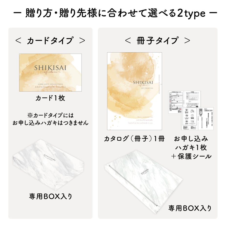 用途にあわせて選べるカードタイプとカタログ冊子タイプのパッケージ