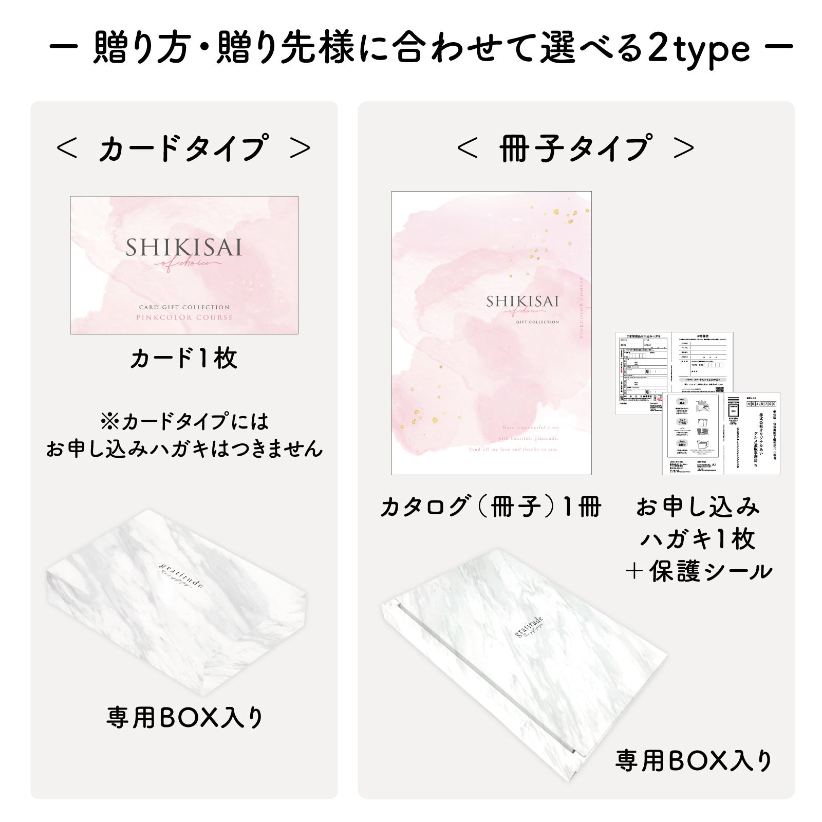 用途にあわせて選べるカードタイプとカタログ冊子タイプのパッケージ