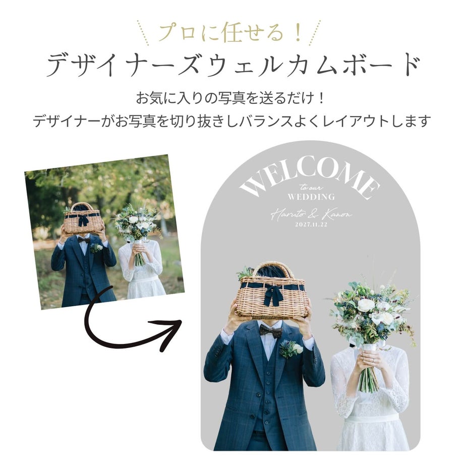 お気に入りの写真を送るだけでデザイナーが切り抜きしてレイアウトするデザイナーズウェルカムボード